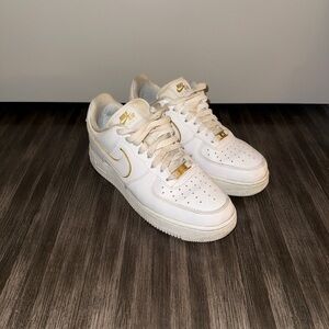 Nike White and Gold Airforce 1 Shoes